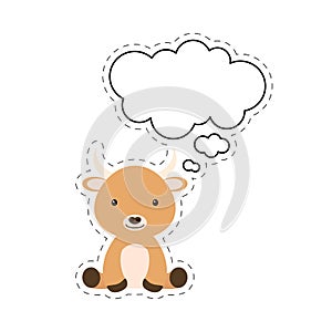 Cute cartoon yak with speech bubble sticker. Kawaii character on white background. Cartoon sitting animal postcard clipart for