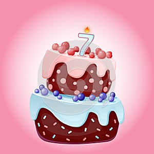 Cute cartoon 7 year birthday festive cake with candle number seven. Chocolate biscuit with berries, cherries and blueberries. For