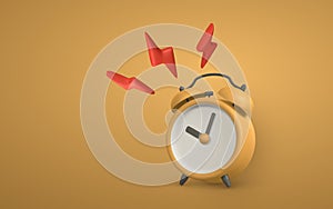 Cute cartoon yellow alarm clock with lightning. 3d realistic table clock with shaddow. Vector illustration