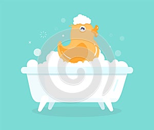 Cute cartoon yellow duck in bath with soapy bubbles. Rubber toy enjoying hygiene time. Vector design