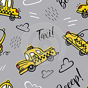 Cute cartoon yellow retro taxis are flying among the clouds on a gray background. Childrens cartoon illustration in doodle style.