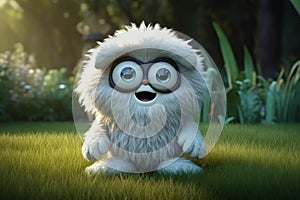 Cute Cartoon Yeti With Very Big Eyes And A Pitying Look The Background Of The Lawn. Generative AI