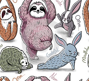 Cute cartoon yoga lover animals. Sloths and rabbits seamless pattern illustration
