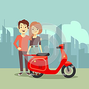 Cute cartoon young lovers and bike on city landscape - modern date concept