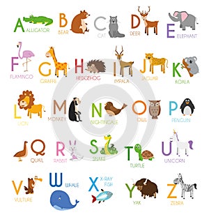 Cute cartoon zoo illustrated alphabet with funny animals. English alphabet.