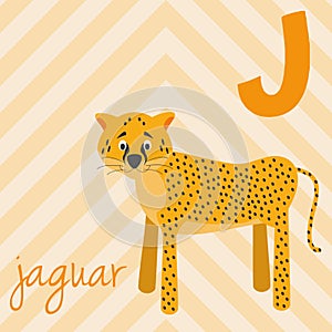 Cute cartoon zoo illustrated alphabet with funny animals: J for Jaguar.