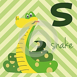 Cute cartoon zoo illustrated alphabet with funny animals: S for Snake.