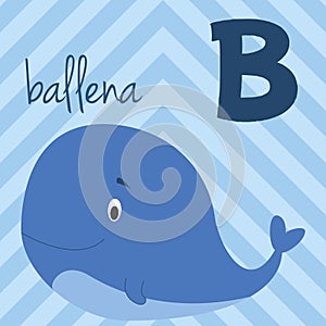 Cute cartoon zoo illustrated alphabet with funny animals. Spanish alphabet: B for Ballena.