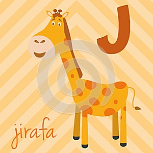 Cute cartoon zoo illustrated alphabet with funny animals. Spanish alphabet: J for Jirafa. photo