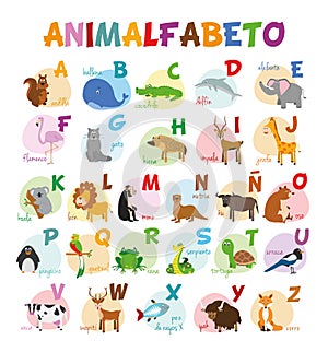 Cute cartoon zoo illustrated alphabet with funny animals. Spanish alphabet.