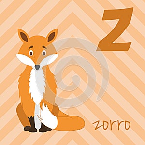 Cute cartoon zoo illustrated alphabet with funny animals. Spanish alphabet: Z for Zorro. photo