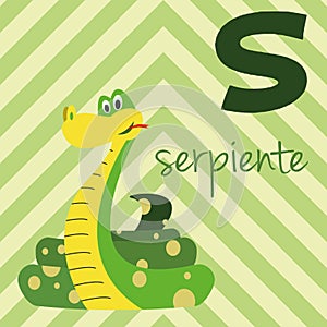 Cute cartoon zoo illustrated alphabet with funny animals. Spanish alphabet: S for Serpiente. photo