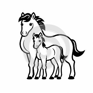 Cute Cartoonish Black And White Mare And Foal Illustration