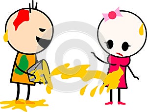 A cute cartoons boy and girl playing with colors.