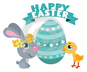 Cute cartoons Easter rabbit with chicken and egg. Suitable for Easter design.