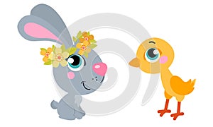 Cute cartoons Easter rabbit with chicken. Suitable for Easter design.
