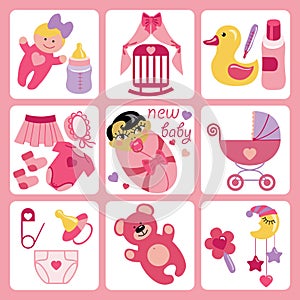 Cute cartoons icons for Asian newborn baby girl