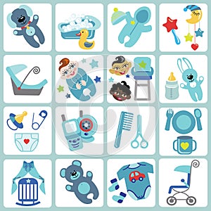 Cute cartoons icons for baby boy.Baby care set