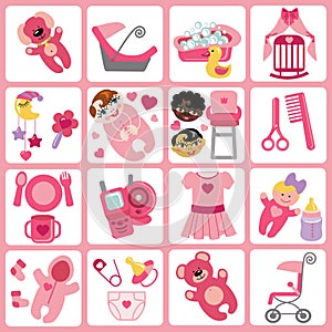 Cute cartoons icons for baby girl.Baby care set