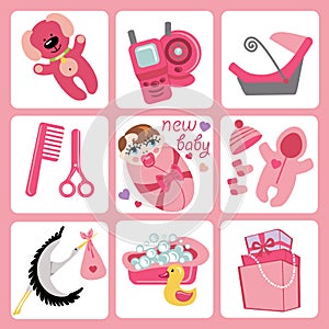 Cute cartoons icons for European baby girl.Newborn