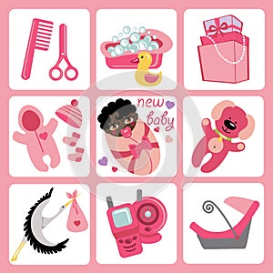 Cute cartoons icons for mulatto baby girl.Newborn