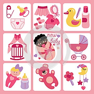 Cute cartoons icons for mulatto newborn baby girl