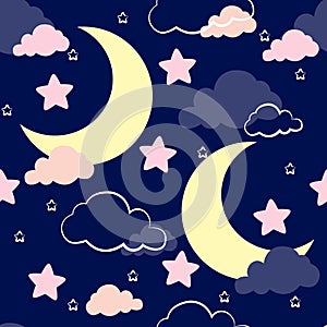 cute cartoons pattern moon cloud stars seamless pattern on blue