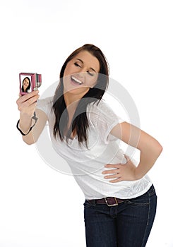 Cute Casual woman taking photo on a digital camera photo