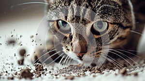 Cute cat amidst scattered potting soil from a plant pot on the white carpet. Close up. A funny kitty creating a mess