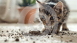 Cute cat amidst scattered potting soil from a plant pot on the white carpet. A funny kitten creating a mess. Concept of