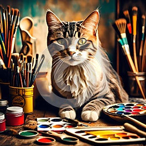Cute cat with art tool like paint brushes and color in lovely vintage style