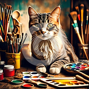 Carino gatto arte attrezzo Come colore pennelli un colore affascinante antico stile 