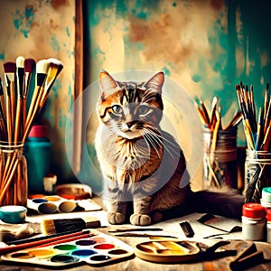 Carino gatto arte attrezzo Come colore pennelli un colore affascinante antico stile 