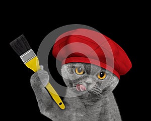 Cute cat as a painter with a brush. Isolated on black