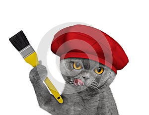 Cute cat as a painter with a brush. Isolated on white