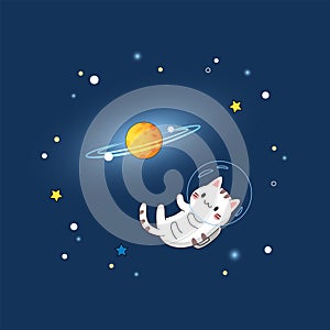A cute cat astronaut flies in space and explores new planets and stars