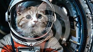a cute cat astronaut in a helmet and spacesuit, concept for Cosmonautics Day, astronomy, banner