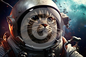 Cute cat astronaut in spacesuit against the background of space, Science fiction space wallpaper with cat astronaut, AI Generated