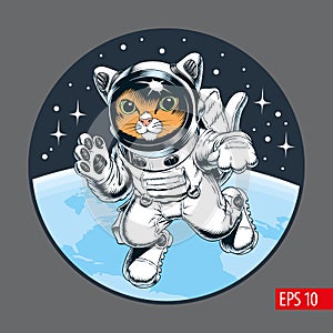 Cute cat astronaut in spacesuit floating in outer space.