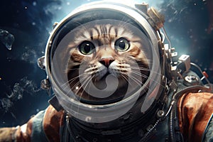 Cute cat in an astronaut suit on the background of space, Science fiction space wallpaper with cat astronaut, AI Generated