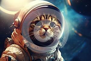 Cute cat in astronaut suit on space background. Space travel concept, cat astronaut in a spacesuit on a Science fiction concept,