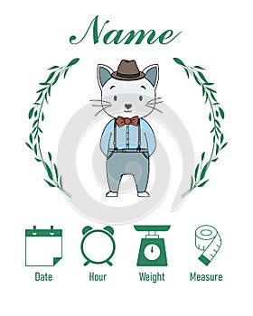 Cute cat. Baby birth print. Baby data template at birth.