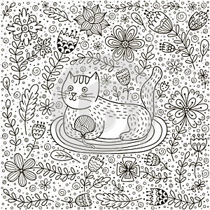 Cute cat with a ball of yarn and doodle flowers