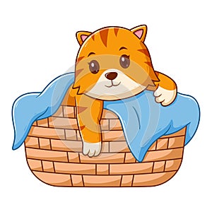 Cute Cat in the Basket. Animal Icon Concept. Flat Cartoon Style. Suitable for Web Landing Page, Banner, Flyer, Sticker, Card