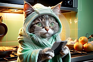 cute cat in a bathrobe reads recipes on the phone, prepares food