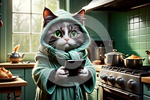 cute cat in a bathrobe reads recipes on the phone, prepares food