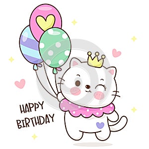 Cute cat birthday holding balloons. Series: Kawaii animals kitten isolated on white background