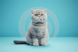 Cute cat on a blue background with copy space, looking up