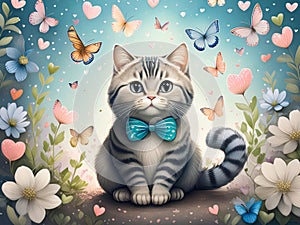 A cute cat with blue stripes, sitting on the ground surrounded by flowers and hearts in light sky blue colors