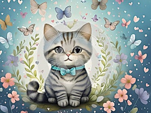 A cute cat with blue stripes, sitting on the ground surrounded by flowers and hearts in light sky blue colors